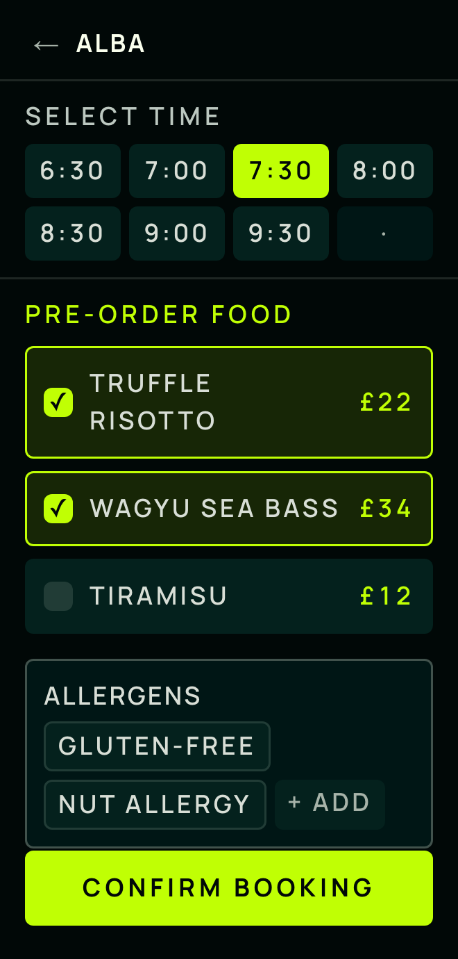 Dino diner phone app: booking with pre-order and allergens